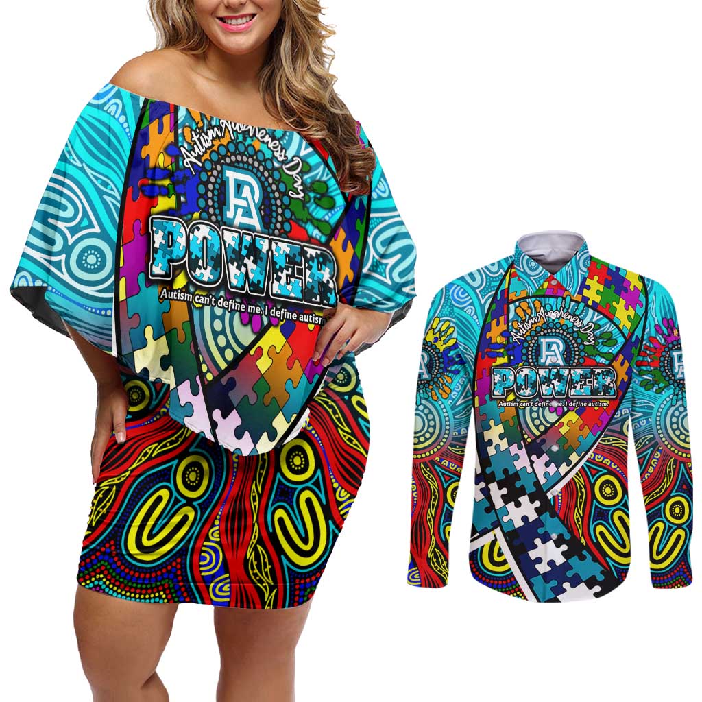 Autism Awareness Australia Port Adelaide Power Couples Matching Off Shoulder Short Dress and Long Sleeve Button Shirt Aboriginal Indigenous Art
