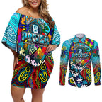 Autism Awareness Australia Port Adelaide Power Couples Matching Off Shoulder Short Dress and Long Sleeve Button Shirt Aboriginal Indigenous Art