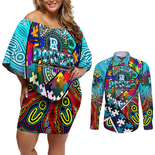 Autism Awareness Australia Port Adelaide Power Couples Matching Off Shoulder Short Dress and Long Sleeve Button Shirt Aboriginal Indigenous Art