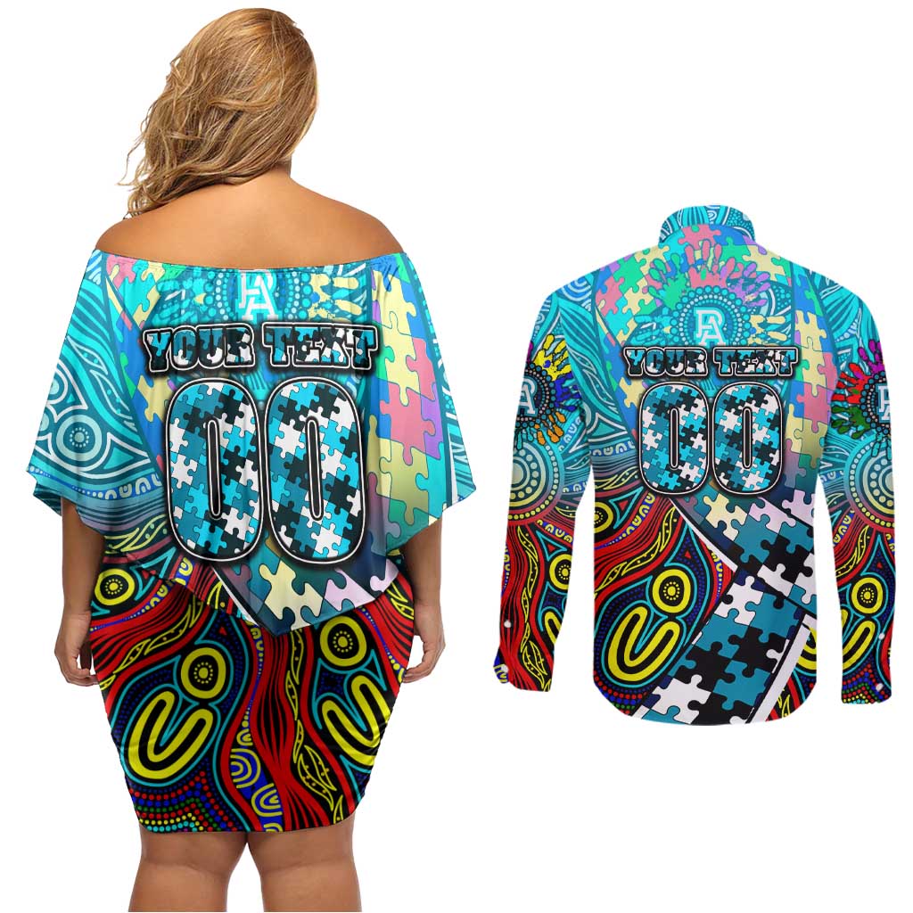 Autism Awareness Australia Port Adelaide Power Couples Matching Off Shoulder Short Dress and Long Sleeve Button Shirt Aboriginal Indigenous Art