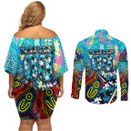 Autism Awareness Australia Port Adelaide Power Couples Matching Off Shoulder Short Dress and Long Sleeve Button Shirt Aboriginal Indigenous Art