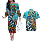 Autism Awareness Australia Port Adelaide Power Couples Matching Off The Shoulder Long Sleeve Dress and Hawaiian Shirt Aboriginal Indigenous Art