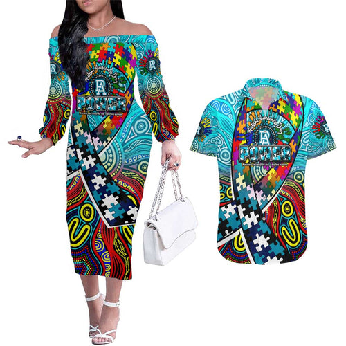 Autism Awareness Australia Port Adelaide Power Couples Matching Off The Shoulder Long Sleeve Dress and Hawaiian Shirt Aboriginal Indigenous Art
