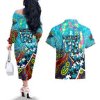 Autism Awareness Australia Port Adelaide Power Couples Matching Off The Shoulder Long Sleeve Dress and Hawaiian Shirt Aboriginal Indigenous Art