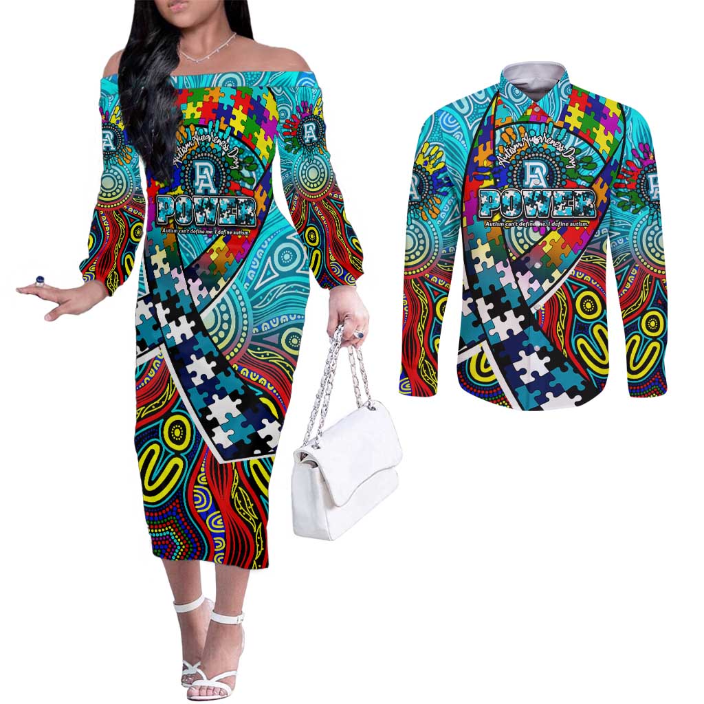 Autism Awareness Australia Port Adelaide Power Couples Matching Off The Shoulder Long Sleeve Dress and Long Sleeve Button Shirt Aboriginal Indigenous Art