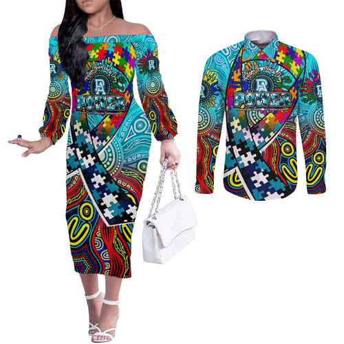 Autism Awareness Australia Port Adelaide Power Couples Matching Off The Shoulder Long Sleeve Dress and Long Sleeve Button Shirt Aboriginal Indigenous Art