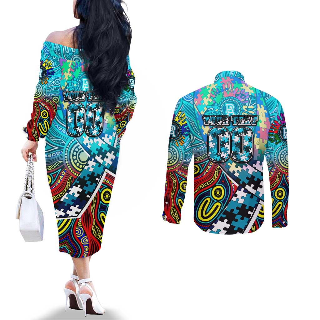 Autism Awareness Australia Port Adelaide Power Couples Matching Off The Shoulder Long Sleeve Dress and Long Sleeve Button Shirt Aboriginal Indigenous Art