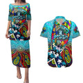 Autism Awareness Australia Port Adelaide Power Couples Matching Puletasi and Hawaiian Shirt Aboriginal Indigenous Art