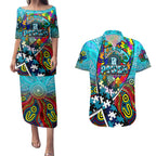Autism Awareness Australia Port Adelaide Power Couples Matching Puletasi and Hawaiian Shirt Aboriginal Indigenous Art