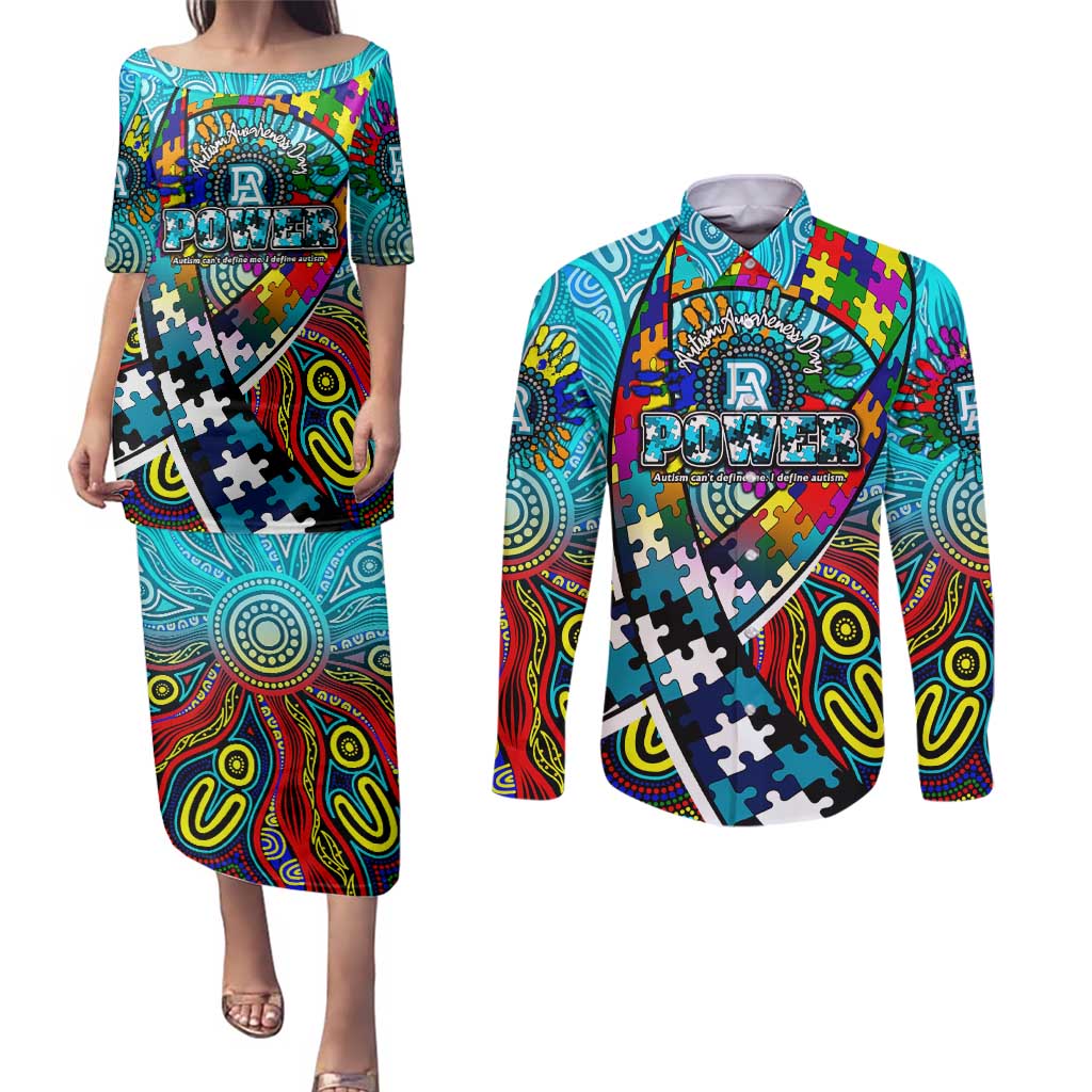 Autism Awareness Australia Port Adelaide Power Couples Matching Puletasi and Long Sleeve Button Shirt Aboriginal Indigenous Art
