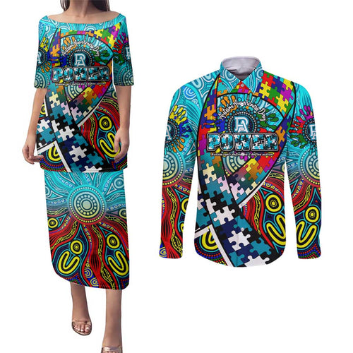 Autism Awareness Australia Port Adelaide Power Couples Matching Puletasi and Long Sleeve Button Shirt Aboriginal Indigenous Art