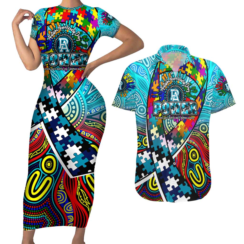 Autism Awareness Australia Port Adelaide Power Couples Matching Short Sleeve Bodycon Dress and Hawaiian Shirt Aboriginal Indigenous Art