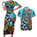 Autism Awareness Australia Port Adelaide Power Couples Matching Short Sleeve Bodycon Dress and Hawaiian Shirt Aboriginal Indigenous Art