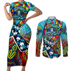 Autism Awareness Australia Port Adelaide Power Couples Matching Short Sleeve Bodycon Dress and Long Sleeve Button Shirt Aboriginal Indigenous Art