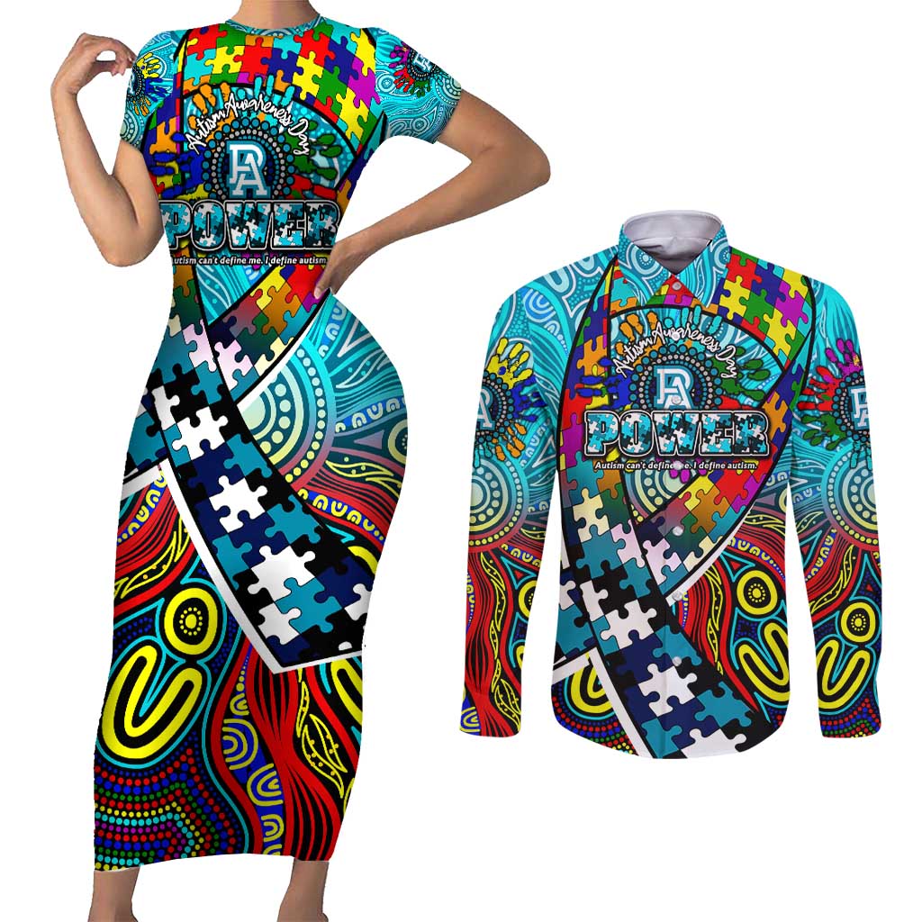 Autism Awareness Australia Port Adelaide Power Couples Matching Short Sleeve Bodycon Dress and Long Sleeve Button Shirt Aboriginal Indigenous Art