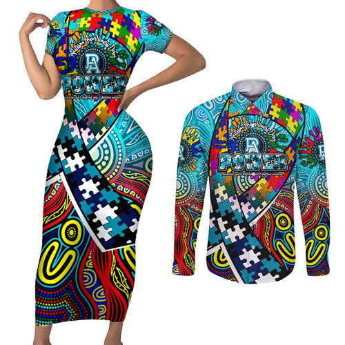 Autism Awareness Australia Port Adelaide Power Couples Matching Short Sleeve Bodycon Dress and Long Sleeve Button Shirt Aboriginal Indigenous Art