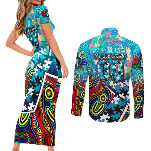 Autism Awareness Australia Port Adelaide Power Couples Matching Short Sleeve Bodycon Dress and Long Sleeve Button Shirt Aboriginal Indigenous Art