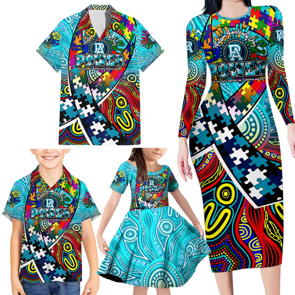 Autism Awareness Australia Port Adelaide Power Family Matching Long Sleeve Bodycon Dress and Hawaiian Shirt Aboriginal Indigenous Art