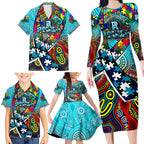 Autism Awareness Australia Port Adelaide Power Family Matching Long Sleeve Bodycon Dress and Hawaiian Shirt Aboriginal Indigenous Art
