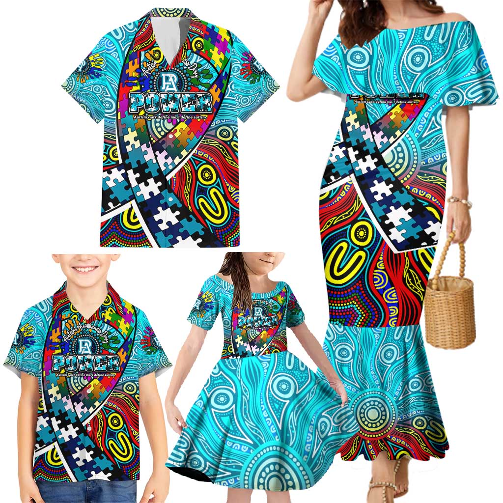 Autism Awareness Australia Port Adelaide Power Family Matching Mermaid Dress and Hawaiian Shirt Aboriginal Indigenous Art