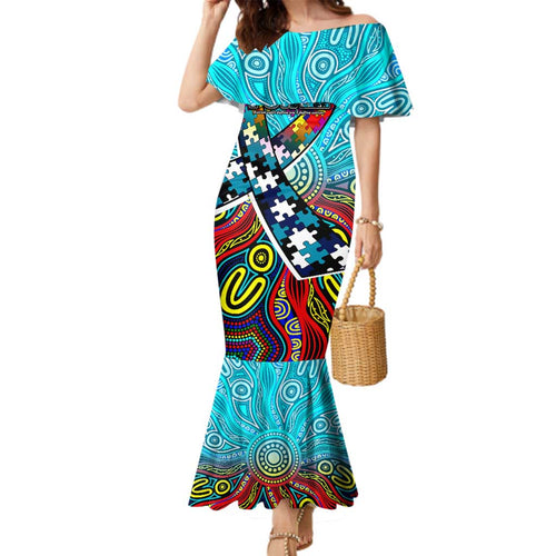 Autism Awareness Australia Port Adelaide Power Family Matching Mermaid Dress and Hawaiian Shirt Aboriginal Indigenous Art