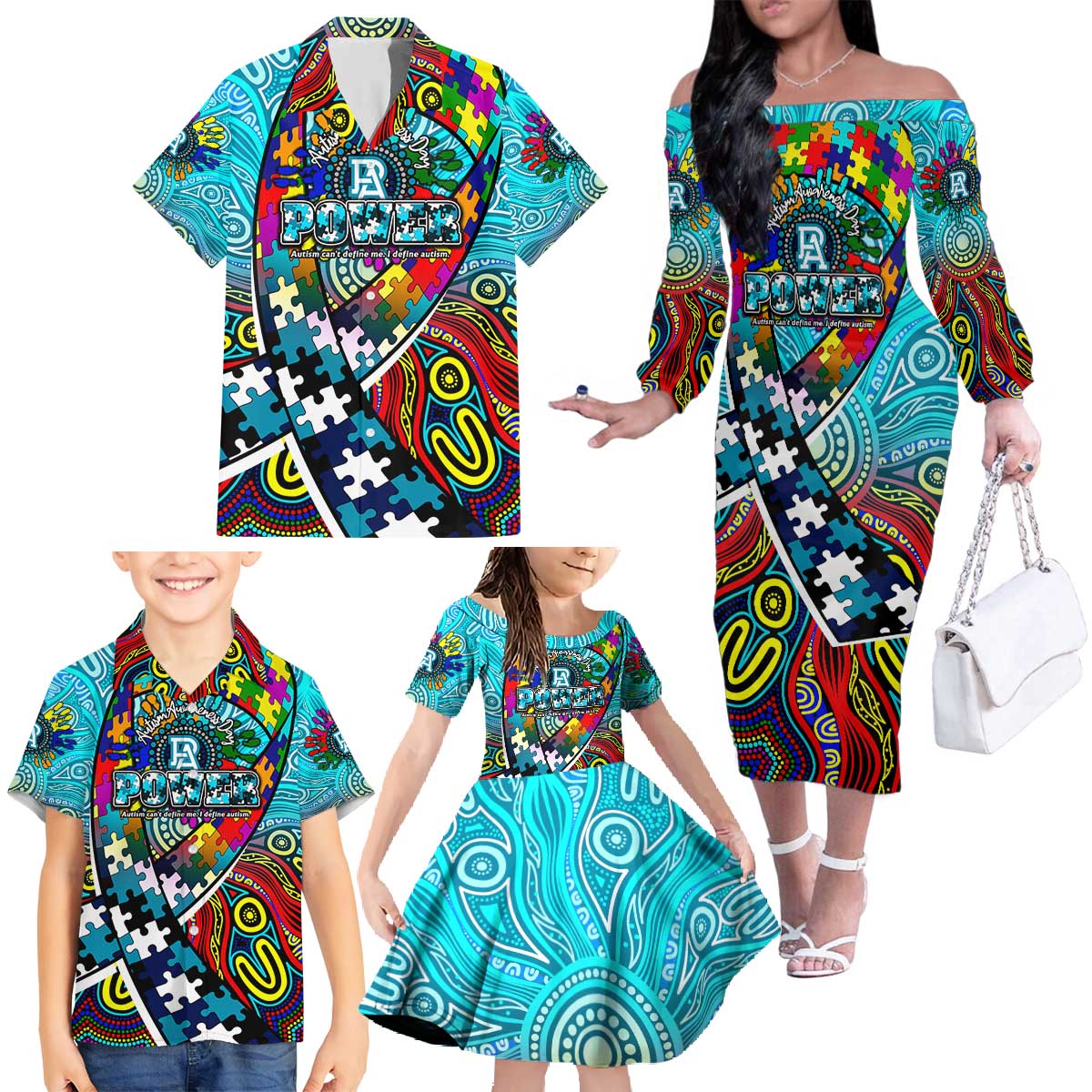 Autism Awareness Australia Port Adelaide Power Family Matching Off The Shoulder Long Sleeve Dress and Hawaiian Shirt Aboriginal Indigenous Art