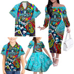 Autism Awareness Australia Port Adelaide Power Family Matching Off The Shoulder Long Sleeve Dress and Hawaiian Shirt Aboriginal Indigenous Art