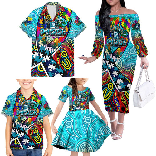 Autism Awareness Australia Port Adelaide Power Family Matching Off The Shoulder Long Sleeve Dress and Hawaiian Shirt Aboriginal Indigenous Art