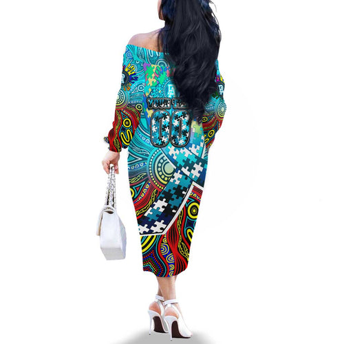 Autism Awareness Australia Port Adelaide Power Family Matching Off The Shoulder Long Sleeve Dress and Hawaiian Shirt Aboriginal Indigenous Art