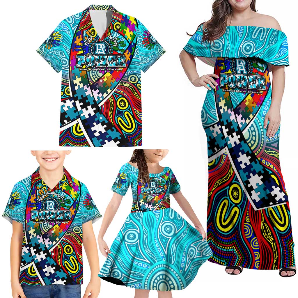 Autism Awareness Australia Port Adelaide Power Family Matching Off Shoulder Maxi Dress and Hawaiian Shirt Aboriginal Indigenous Art