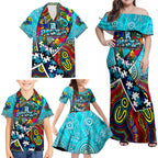 Autism Awareness Australia Port Adelaide Power Family Matching Off Shoulder Maxi Dress and Hawaiian Shirt Aboriginal Indigenous Art