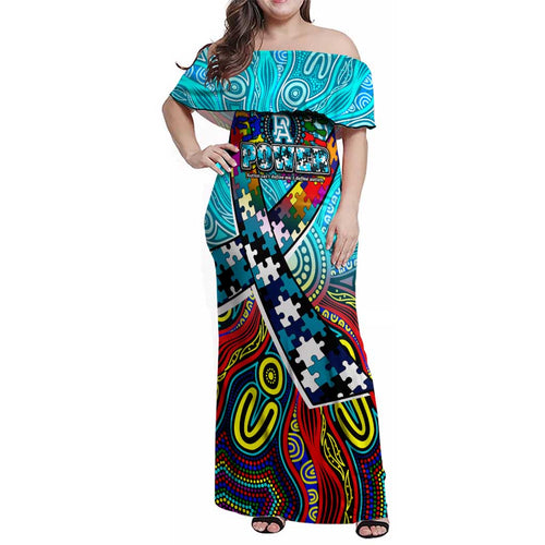 Autism Awareness Australia Port Adelaide Power Family Matching Off Shoulder Maxi Dress and Hawaiian Shirt Aboriginal Indigenous Art
