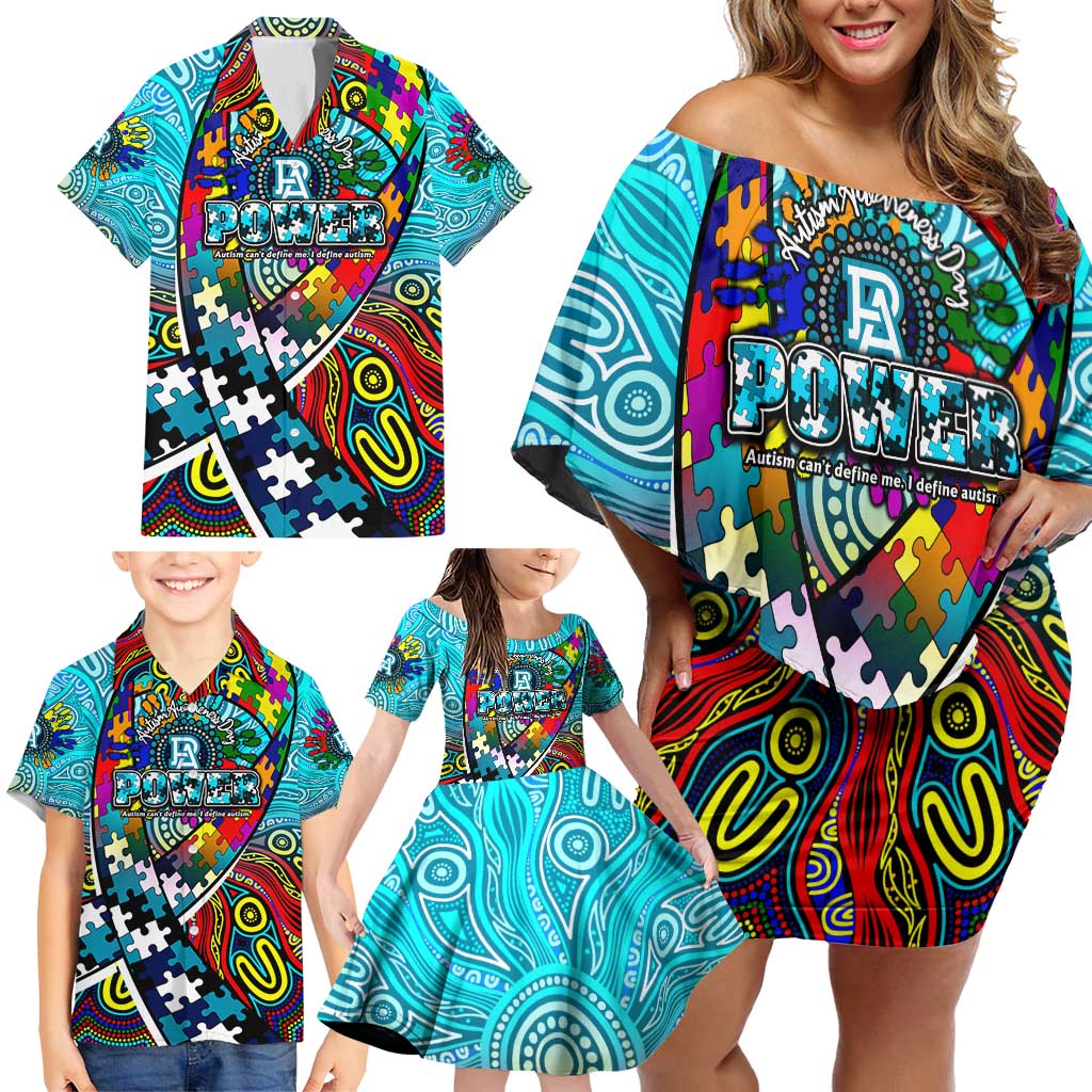 Autism Awareness Australia Port Adelaide Power Family Matching Off Shoulder Short Dress and Hawaiian Shirt Aboriginal Indigenous Art