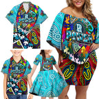 Autism Awareness Australia Port Adelaide Power Family Matching Off Shoulder Short Dress and Hawaiian Shirt Aboriginal Indigenous Art