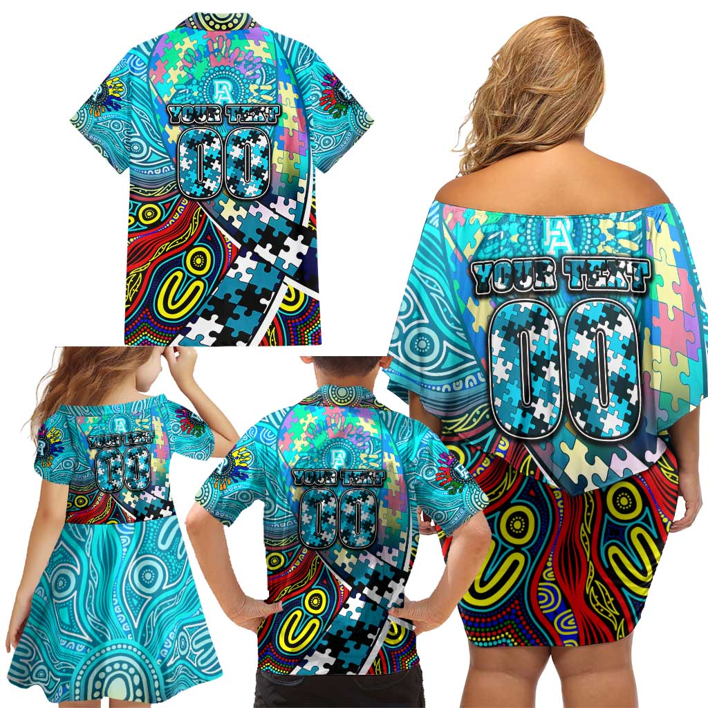Autism Awareness Australia Port Adelaide Power Family Matching Off Shoulder Short Dress and Hawaiian Shirt Aboriginal Indigenous Art