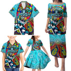 Autism Awareness Australia Port Adelaide Power Family Matching Puletasi and Hawaiian Shirt Aboriginal Indigenous Art