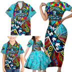 Autism Awareness Australia Port Adelaide Power Family Matching Short Sleeve Bodycon Dress and Hawaiian Shirt Aboriginal Indigenous Art