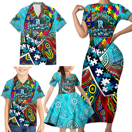 Autism Awareness Australia Port Adelaide Power Family Matching Short Sleeve Bodycon Dress and Hawaiian Shirt Aboriginal Indigenous Art