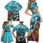 Autism Awareness Australia Port Adelaide Power Family Matching Short Sleeve Bodycon Dress and Hawaiian Shirt Aboriginal Indigenous Art