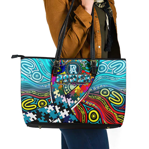 Autism Awareness Australia Port Adelaide Power Leather Tote Bag Aboriginal Indigenous Art