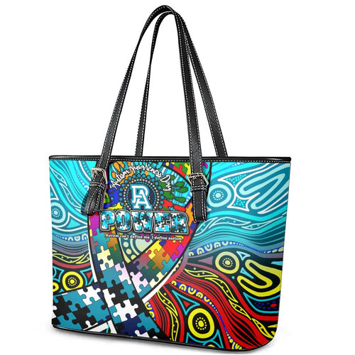 Autism Awareness Australia Port Adelaide Power Leather Tote Bag Aboriginal Indigenous Art