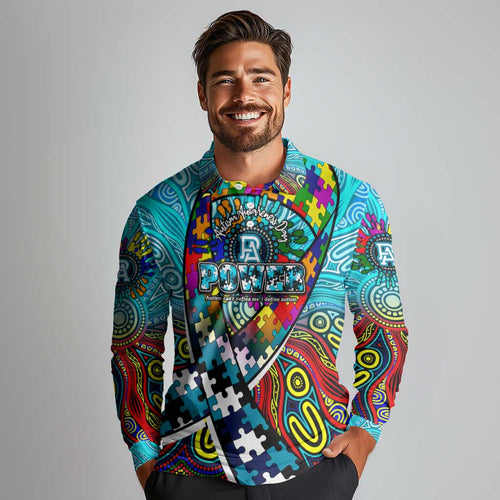 Autism Awareness Australia Port Adelaide Power Long Sleeve Polo Shirt Aboriginal Indigenous Art