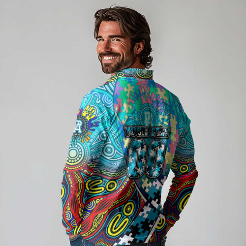 Autism Awareness Australia Port Adelaide Power Long Sleeve Polo Shirt Aboriginal Indigenous Art