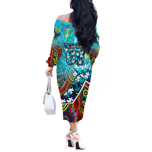 Autism Awareness Australia Port Adelaide Power Off The Shoulder Long Sleeve Dress Aboriginal Indigenous Art
