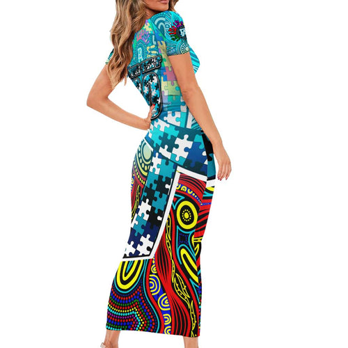 Autism Awareness Australia Port Adelaide Power Short Sleeve Bodycon Dress Aboriginal Indigenous Art
