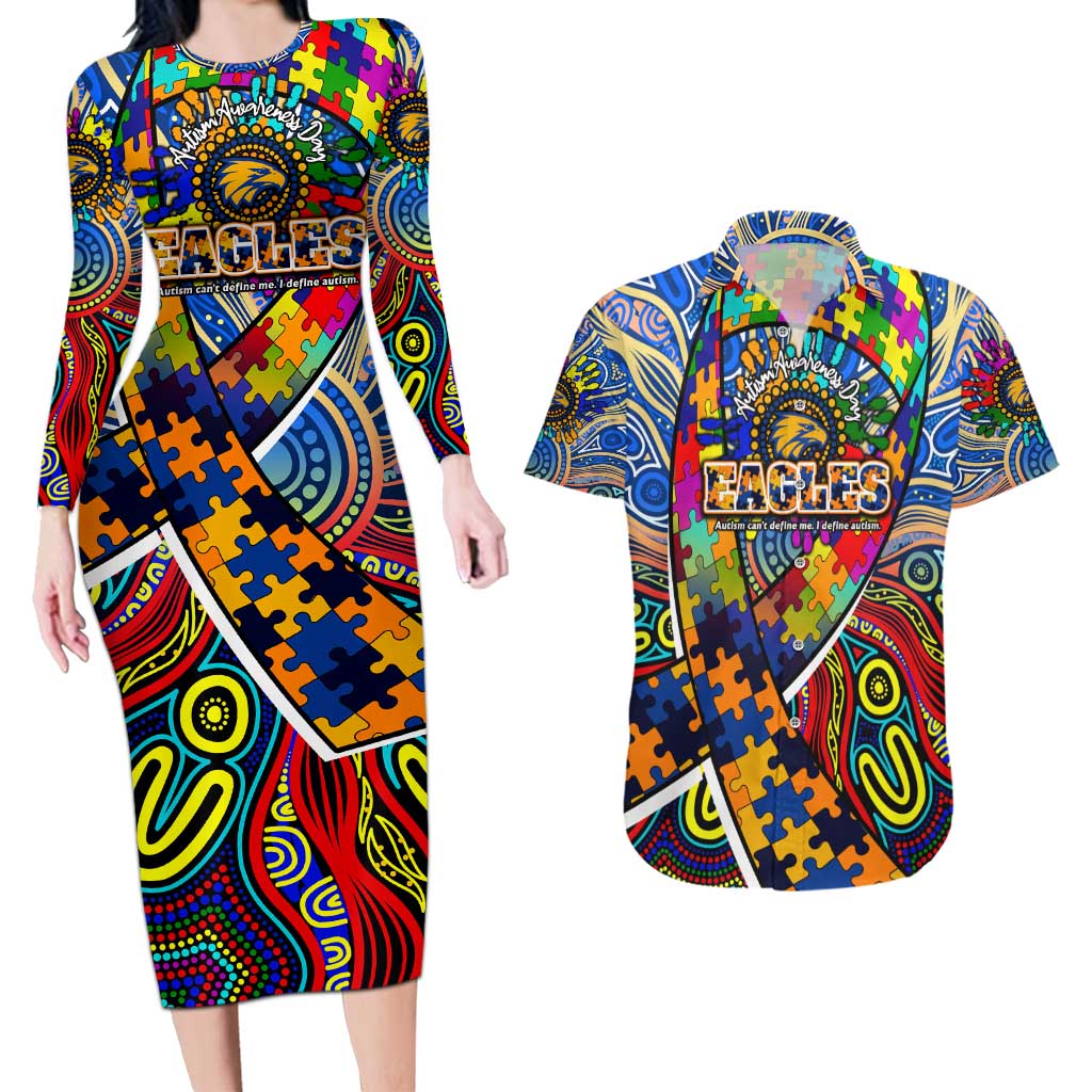 Autism Awareness Australia West Coast Eagles Couples Matching Long Sleeve Bodycon Dress and Hawaiian Shirt Aboriginal Indigenous Art