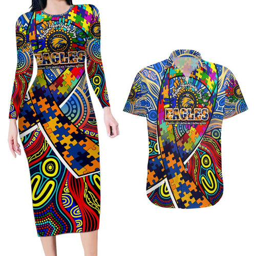Autism Awareness Australia West Coast Eagles Couples Matching Long Sleeve Bodycon Dress and Hawaiian Shirt Aboriginal Indigenous Art