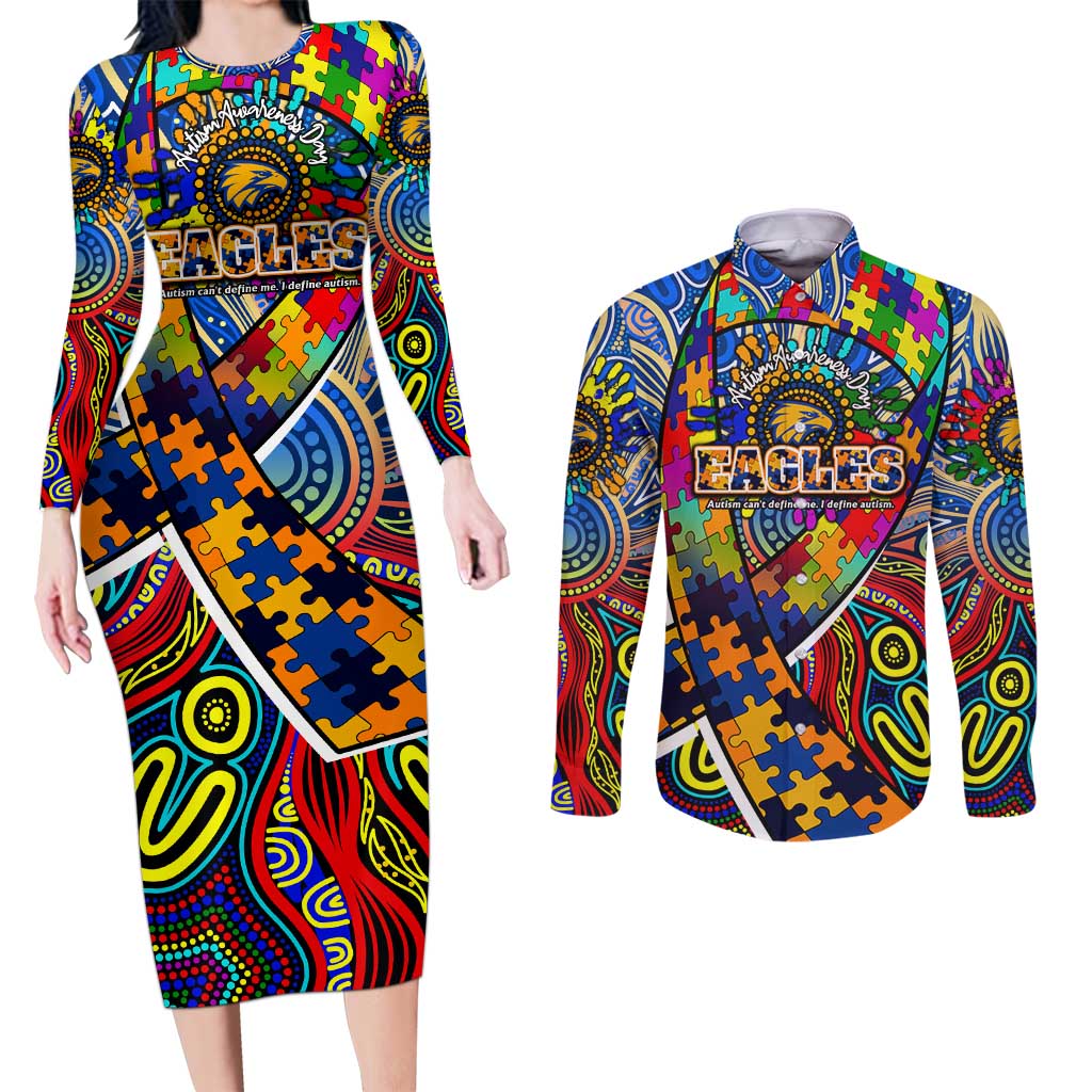Autism Awareness Australia West Coast Eagles Couples Matching Long Sleeve Bodycon Dress and Long Sleeve Button Shirt Aboriginal Indigenous Art