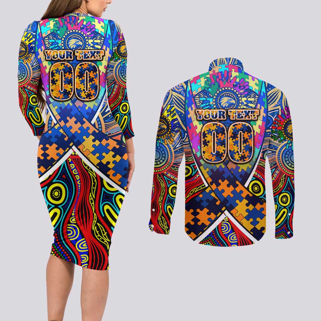 Autism Awareness Australia West Coast Eagles Couples Matching Long Sleeve Bodycon Dress and Long Sleeve Button Shirt Aboriginal Indigenous Art
