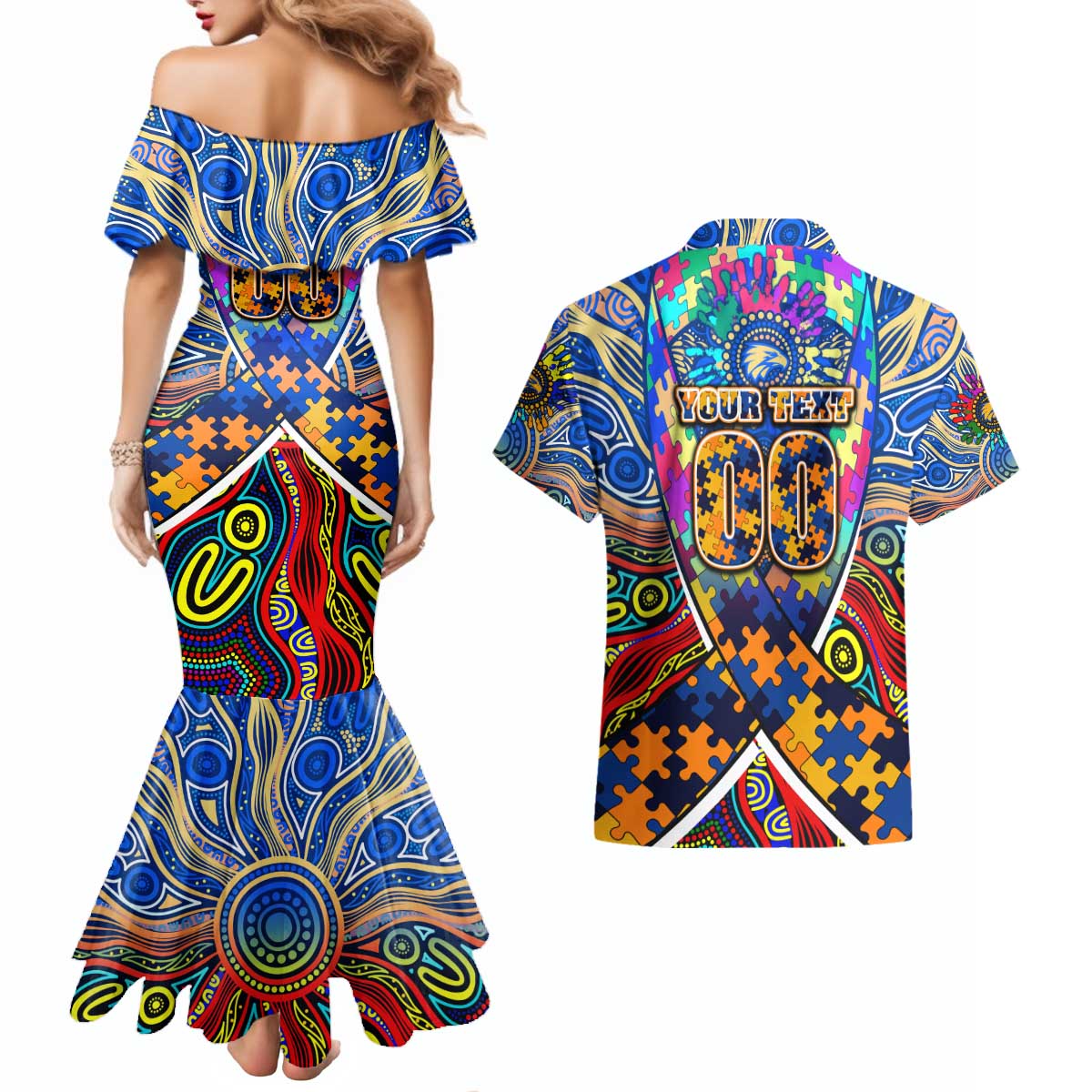 Autism Awareness Australia West Coast Eagles Couples Matching Mermaid Dress and Hawaiian Shirt Aboriginal Indigenous Art